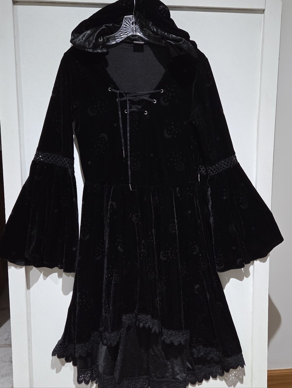 Whims Goth Black Velvet High-Low Hooded Dress - Picture 3 of 11